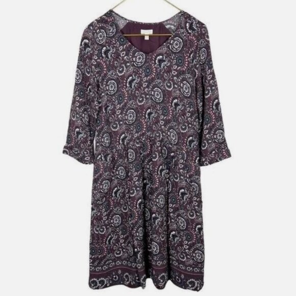 Garnet Hill Bohemian Paisley Print Dress Size 4 Plum Floral 3/4 Sleeve Pockets - Picture 2 of 11